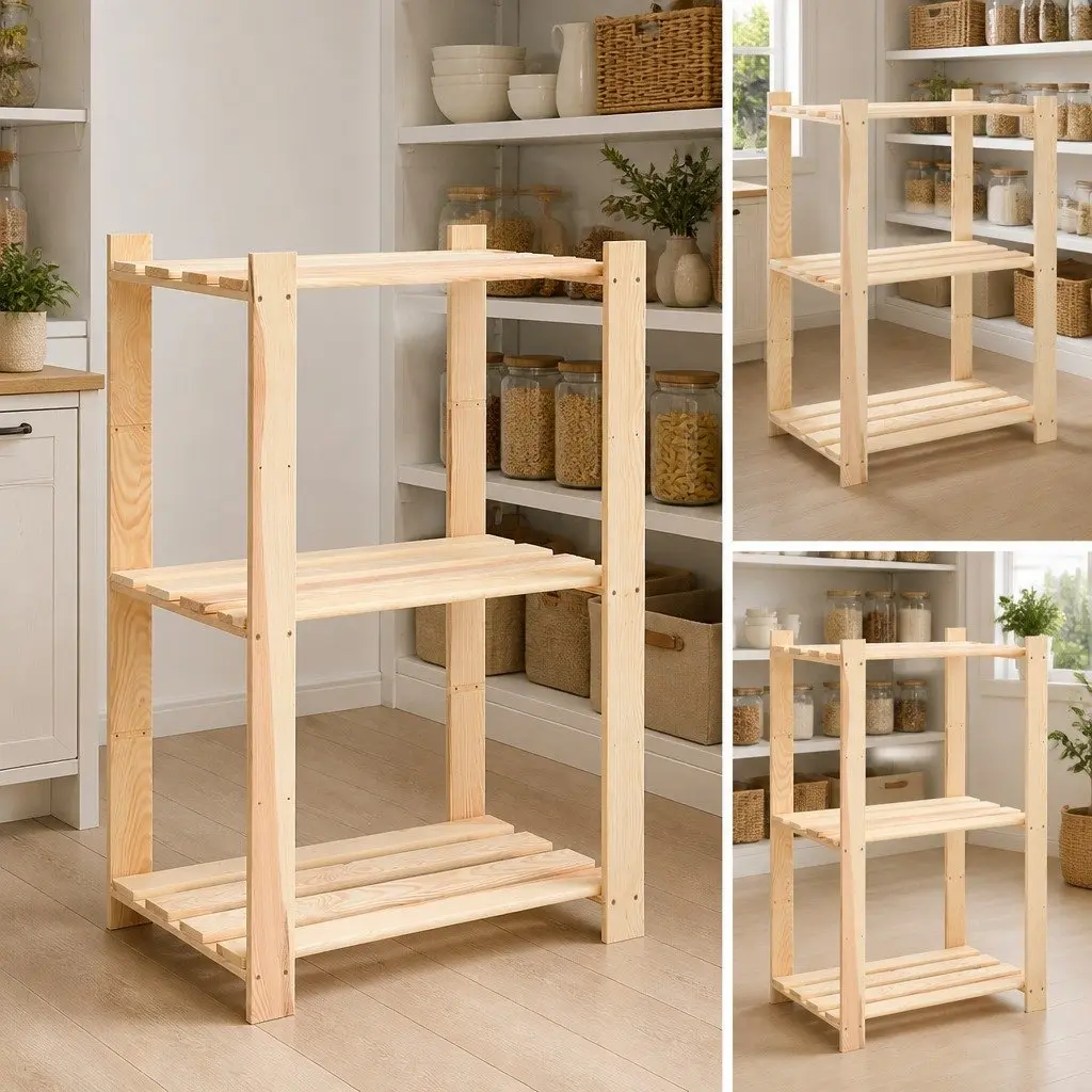 3-Tier Solid Wood Storage Rack Set of 3 Brown Shelving Unit 60x38x90 cm