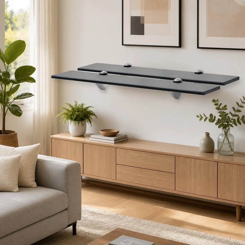 Floating Wall Shelves 60x20 cm Black Glass 2 Piece Display Ledge Bracket