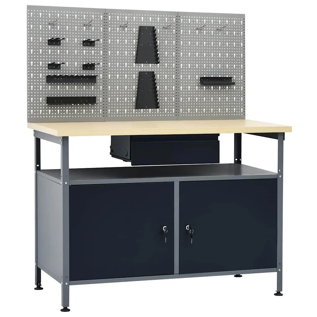 Workbench with 3 Wall Panels Black Steel Storage Tool Organization