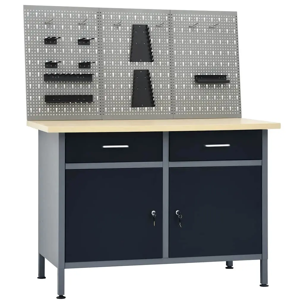 Workbench with 3 Wall Panels Grey Steel Storage Shelves Drawers 500 kg Capacity