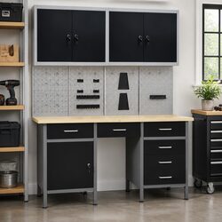 Work Bench Tool Storage 500kg Workstation 6 Drawers Wall Panels Cabinets Black