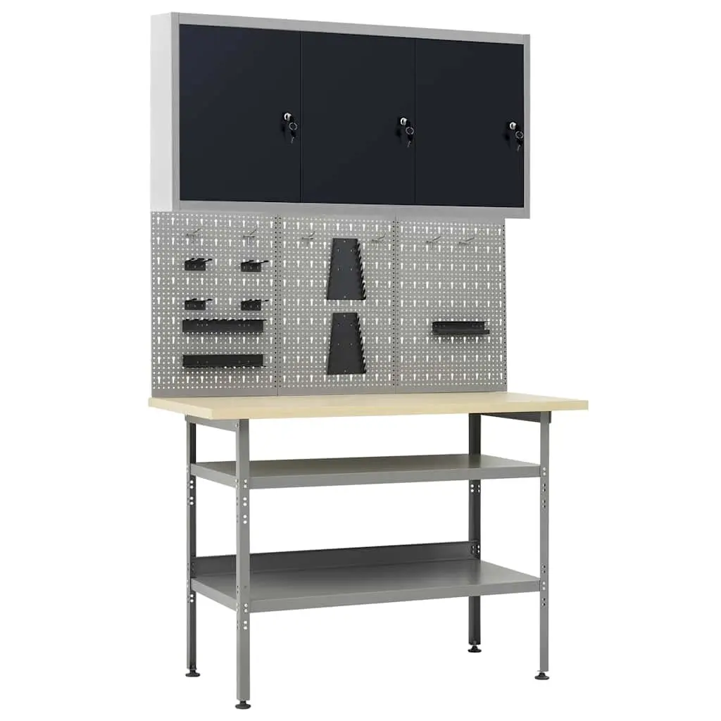 Workbench with Wall Panels Cabinet Storage Solution Grey Workshop Garage Tool