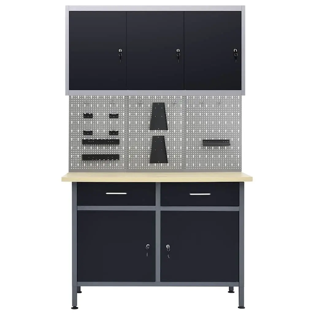 Workbench with Wall Panels and Cabinet Storage 500kg Heavy-Duty Construction for Workshop and Garage Organization