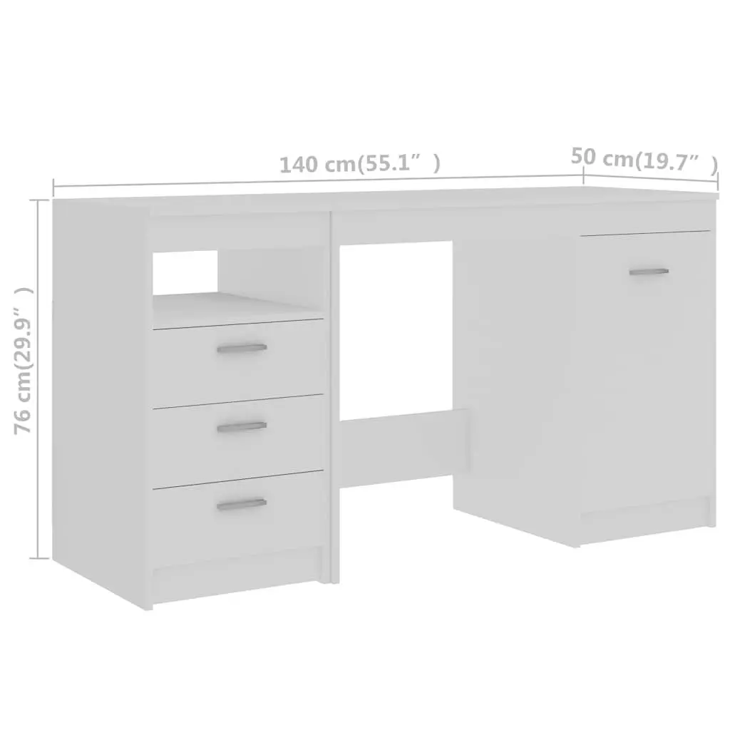 White Office Desk 140cm Engineered Wood with Storage Drawers and Door
