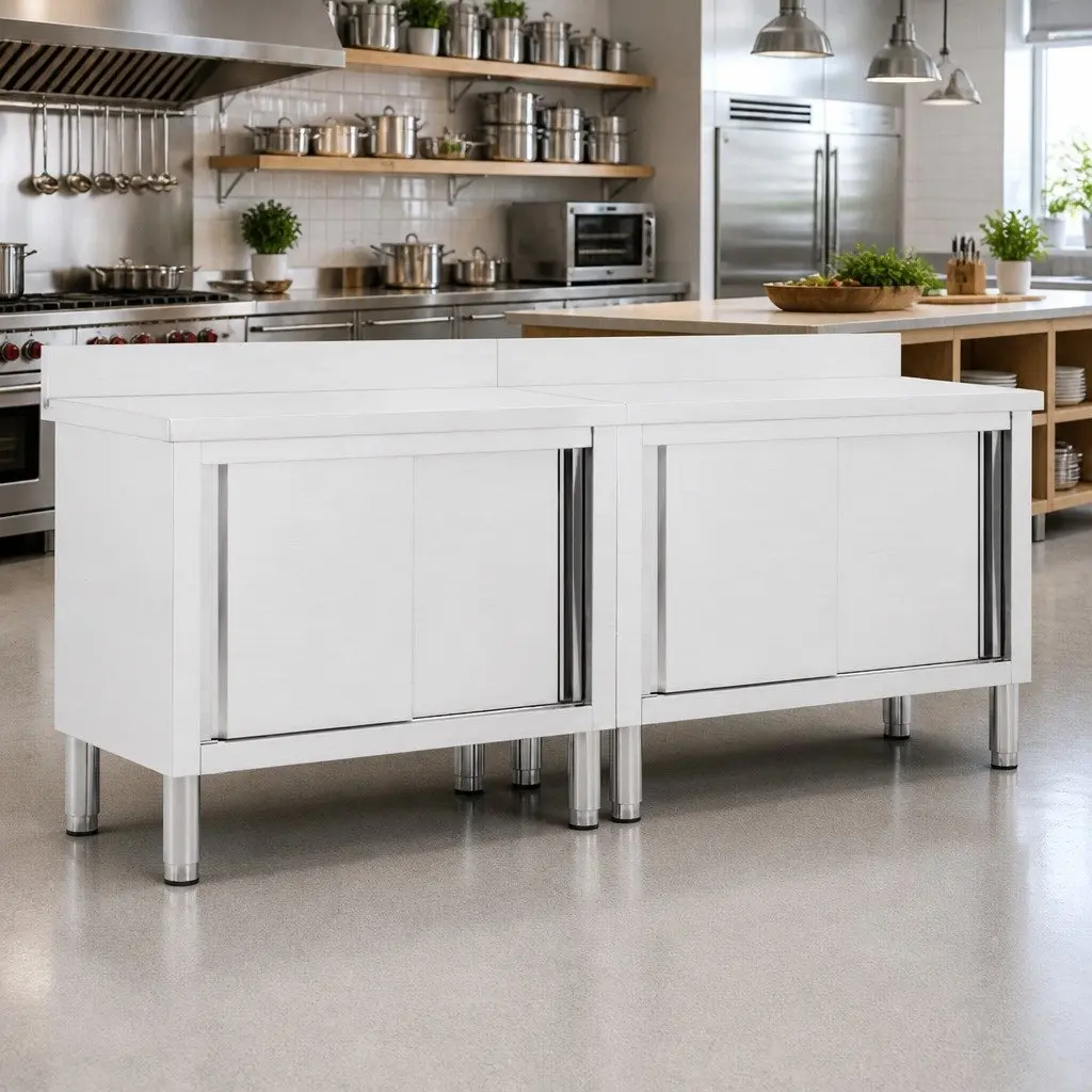 Stainless Steel Work Tables 200x50cm Sliding Door Storage