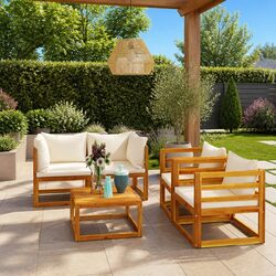 5 Piece Outdoor Lounge Set Garden Furniture Cream Sofa Coffee Table Cushions