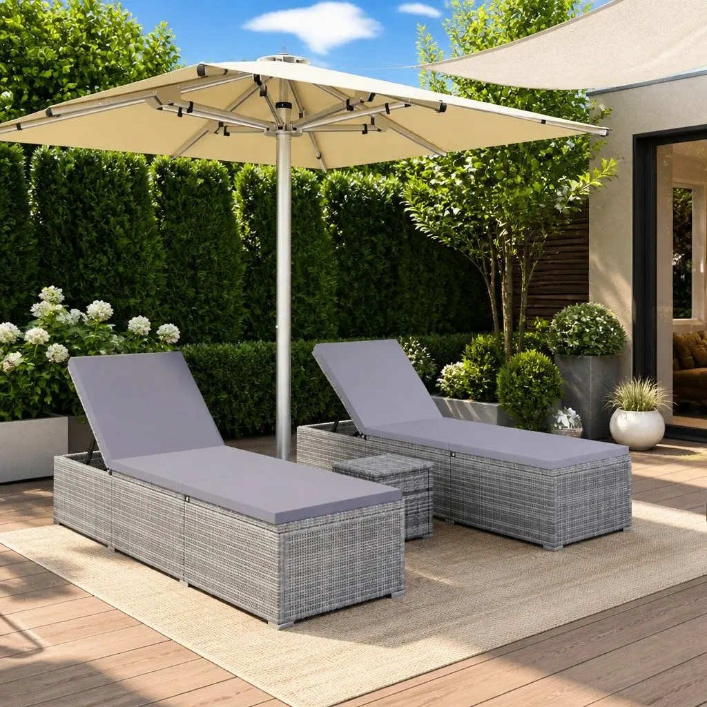 Sun Lounger Set 3 Piece Grey Outdoor Garden Chaise Lounge with Adjustable Backrest