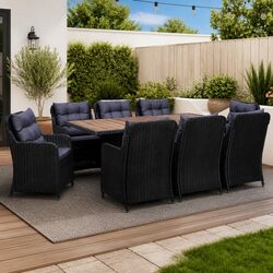 9 Piece Outdoor Dining Set Black Poly Rattan Patio Garden Furniture with Steel