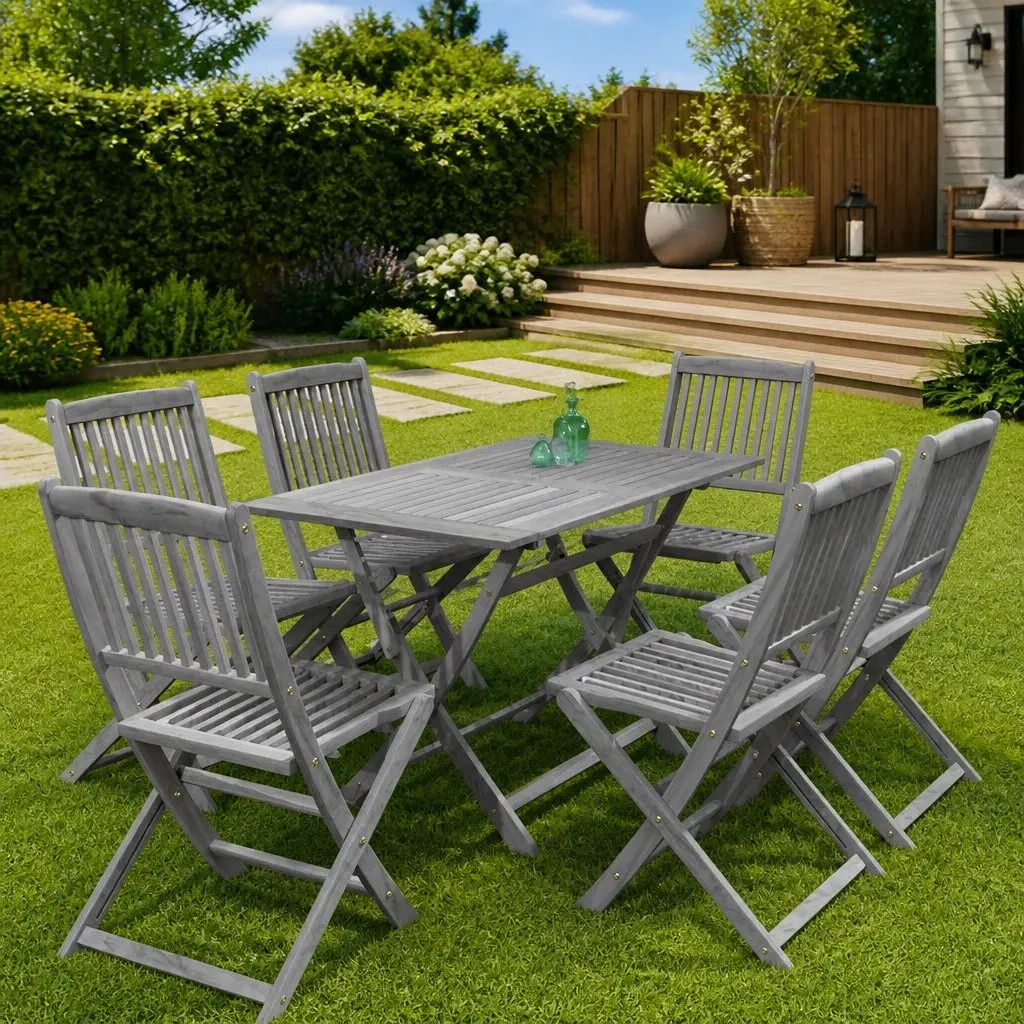 7 Piece Outdoor Dining Set Folding Garden Table and Chairs Grey Acacia Wood
