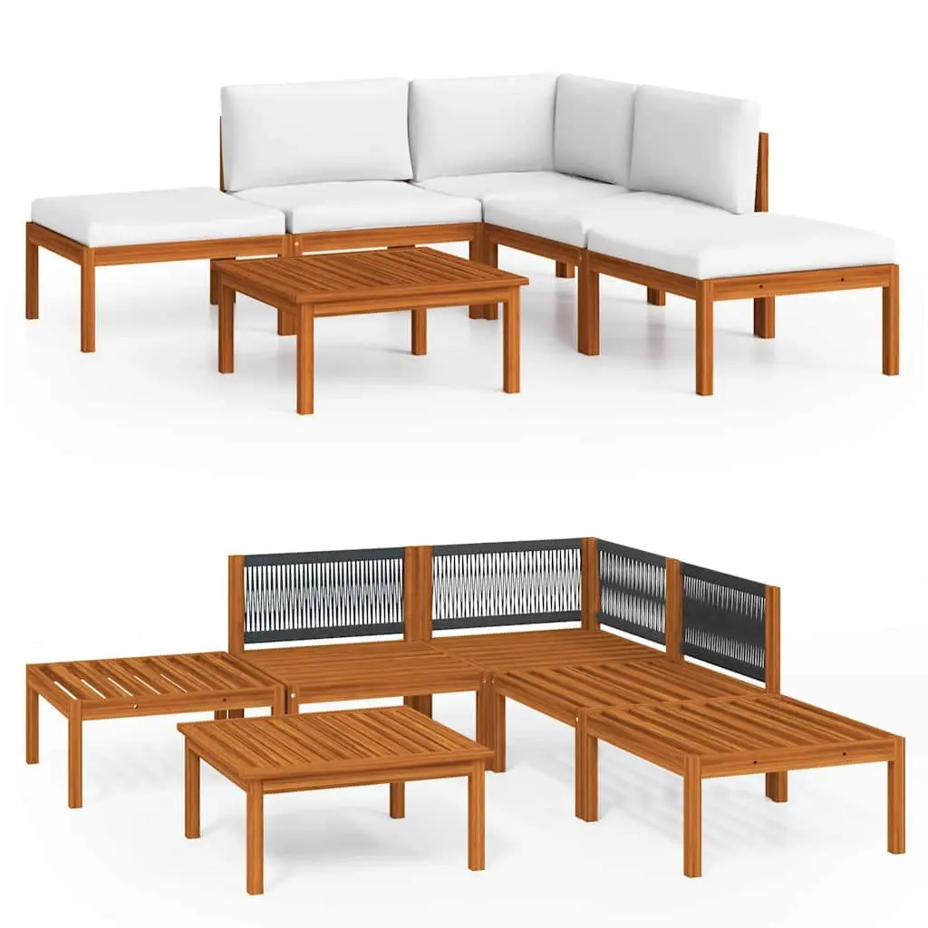 Outdoor Lounge Set 6 Piece Acacia Wood White Rope Backrest Garden Furniture