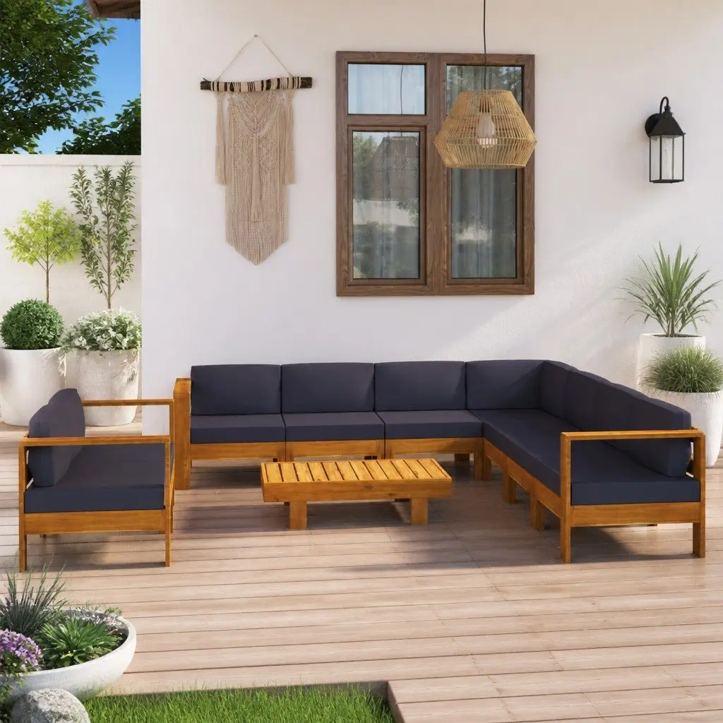 Outdoor Lounge Set 9 Piece Acacia Wood Furniture with Grey Cushions for Patio and Garden