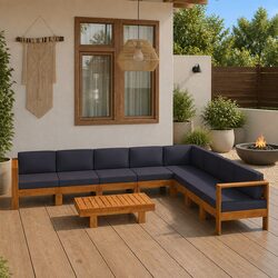 Garden Lounge Set 9 Piece Outdoor Furniture Acacia Wood Grey Cushions Patio