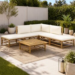 Garden Lounge Set 6 Piece Bamboo Outdoor Furniture with Cream White Cushions