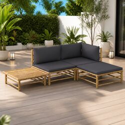 Bamboo Garden Lounge Set 4 Piece Outdoor Furniture Dark Grey Cushions Modular