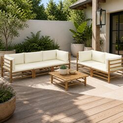 Garden Lounge Set 6 Piece Bamboo Outdoor Furniture Modular Patio Seating Cream