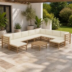 11 Piece Bamboo Garden Lounge Set Outdoor Patio Furniture with Cream Cushions