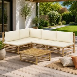 5 Piece Bamboo Garden Lounge Set Outdoor Patio Furniture Cream White Cushions
