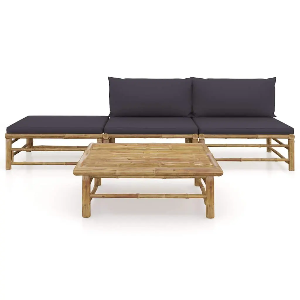 Bamboo Garden Lounge Set 4 Piece Outdoor Furniture with Grey Cushions Modular