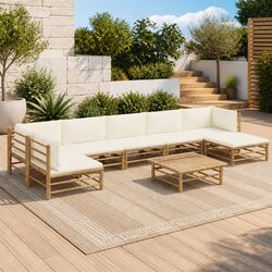 8 Piece Bamboo Garden Lounge Set Outdoor Furniture with Cream White Cushions
