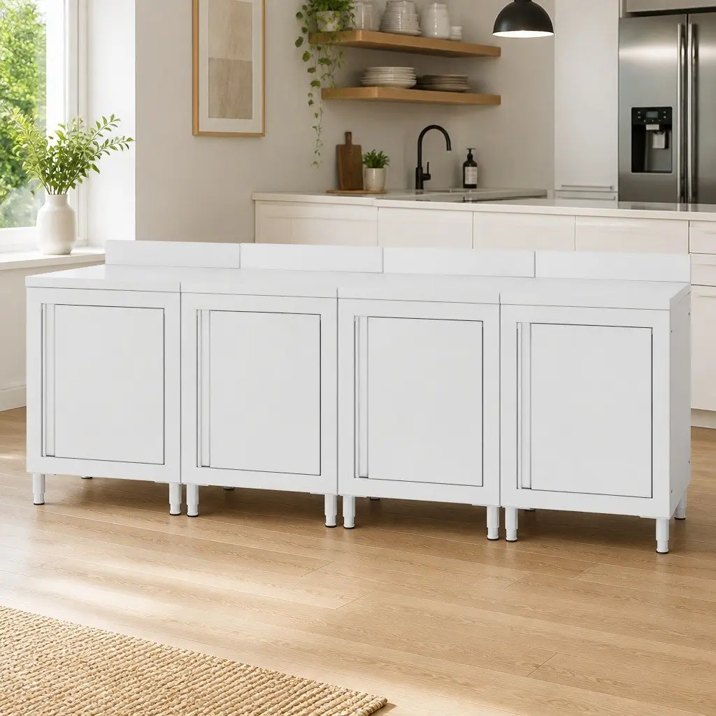 Commercial Stainless Steel Work Table Cabinet 240x60x96 cm with Bottom Storage and Backsplash