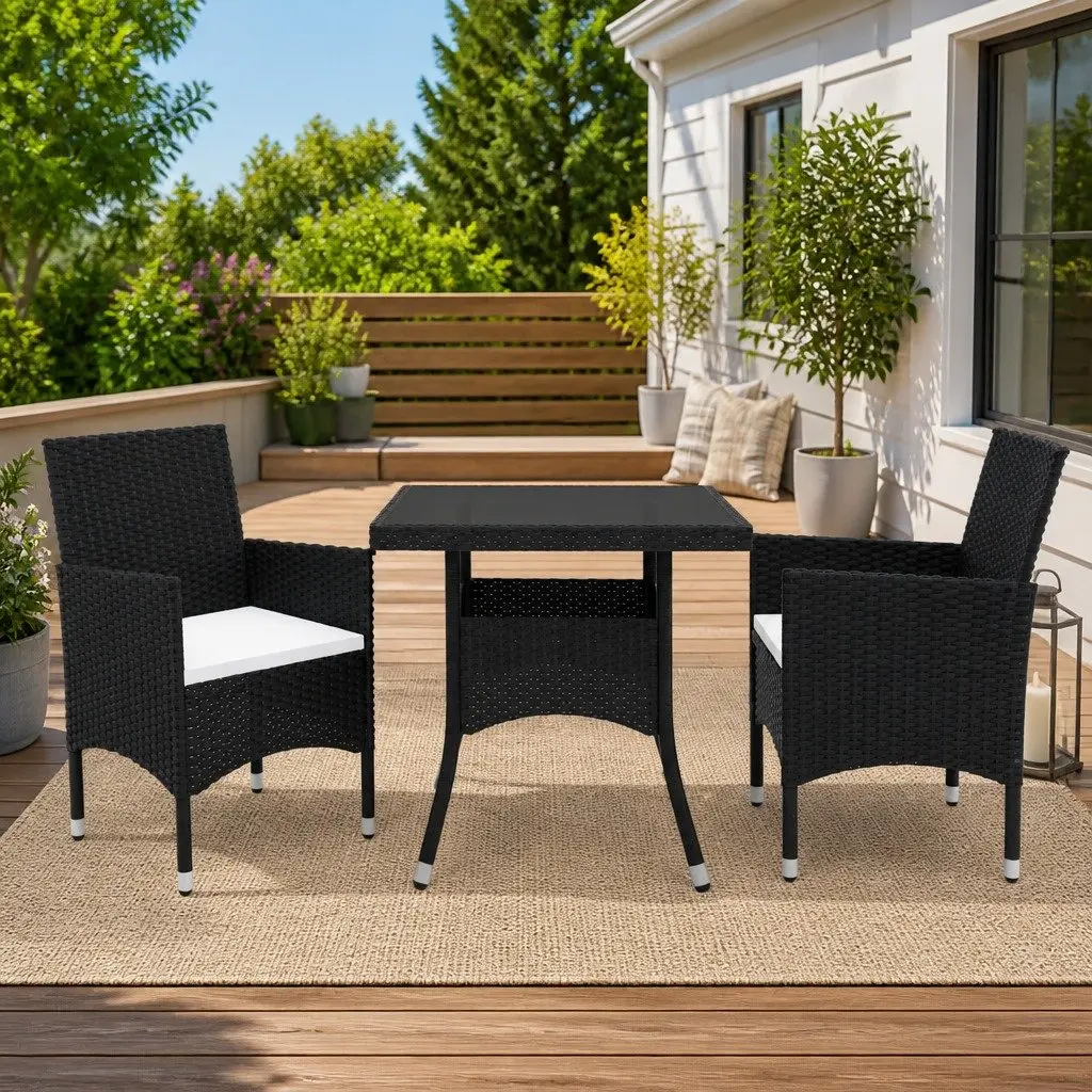 3 Piece Garden Dining Set Black Poly Rattan Glass Outdoor Furniture
