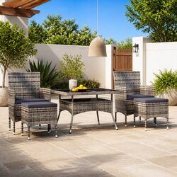 5 Piece Garden Dining Set Poly Rattan Tempered Glass Table Chairs Grey Outdoor