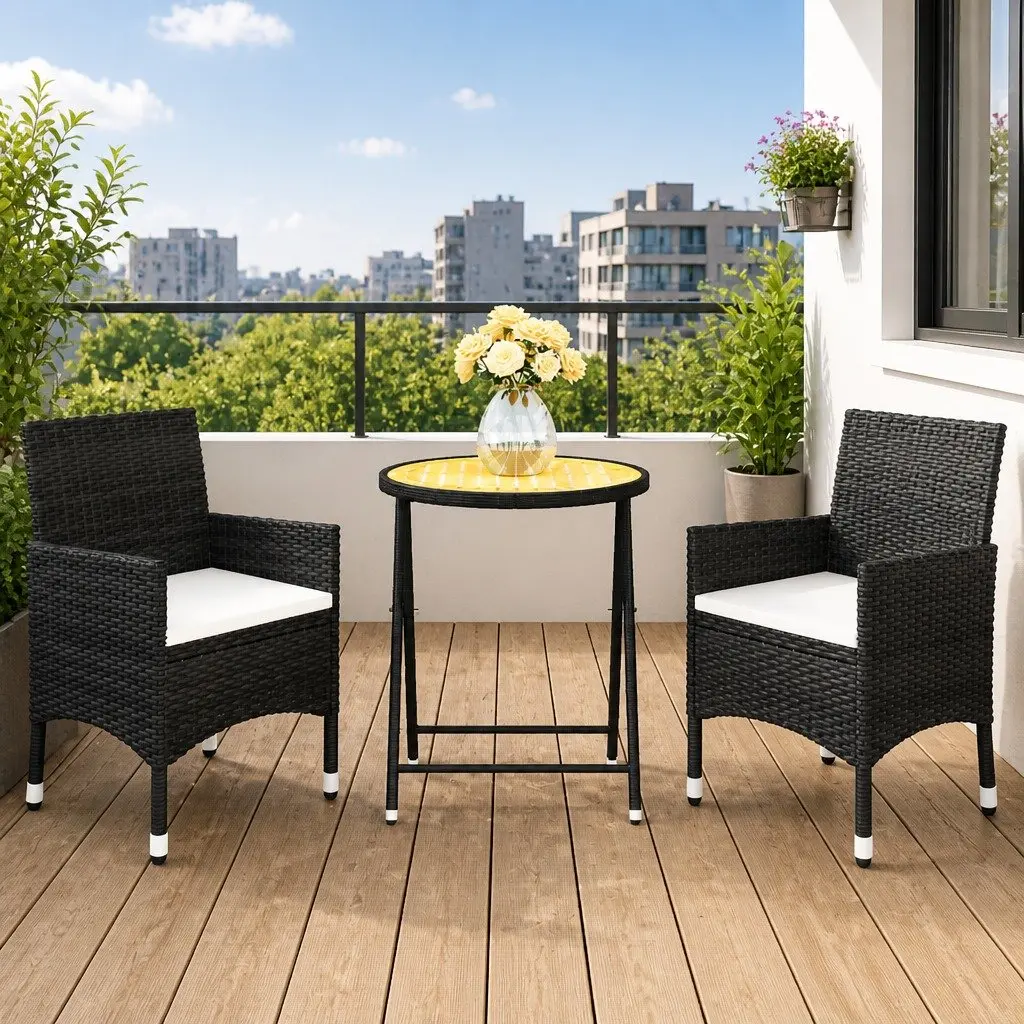 3 Piece Garden Bistro Set Outdoor Patio Furniture Black Rattan Chairs Table