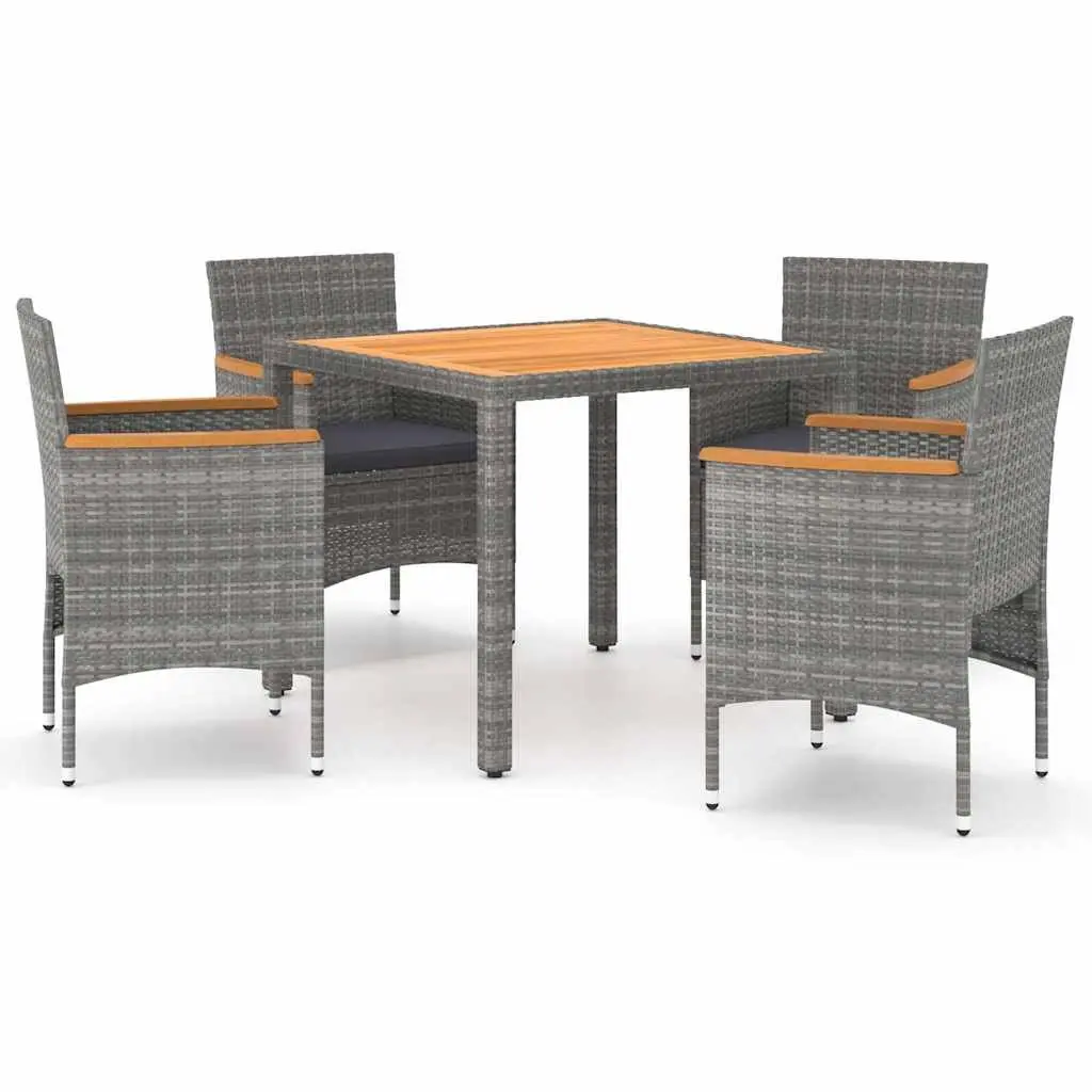 5 Piece Grey Outdoor Dining Set with Acacia Wood Table and PE Rattan Chairs on Powder Coated Steel Frame