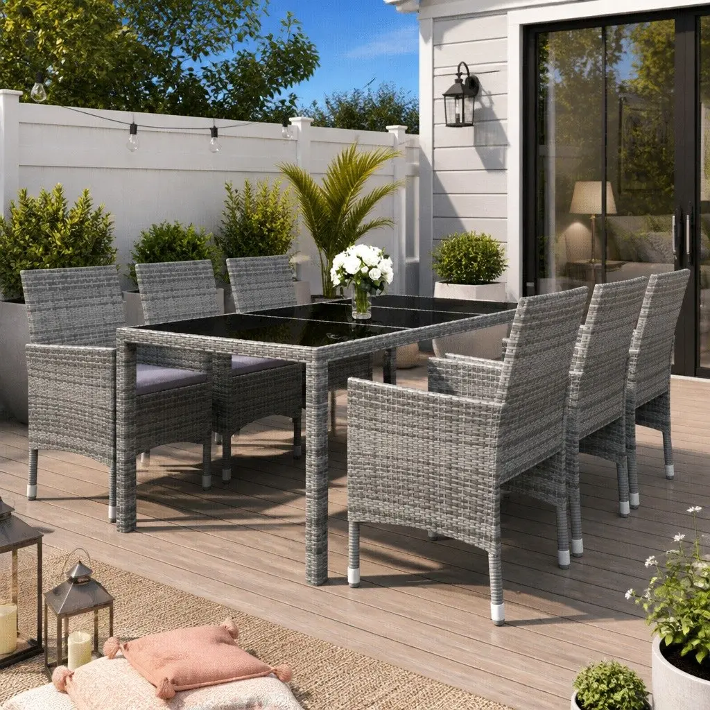7 Piece Garden Dining Set Grey Rattan Glass Table Chairs Outdoor Furniture