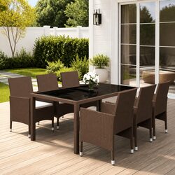 7 Piece Garden Dining Set Poly Rattan Tempered Glass Table Chairs Patio Outdoor