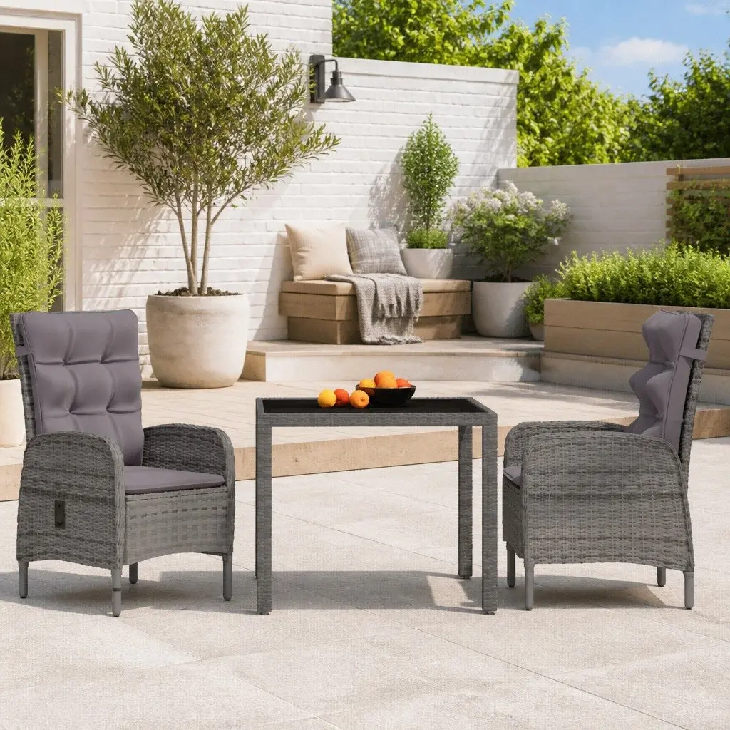 3 Piece Garden Dining Set Grey Rattan Outdoor Patio Furniture with Cushions and Adjustable Backrest