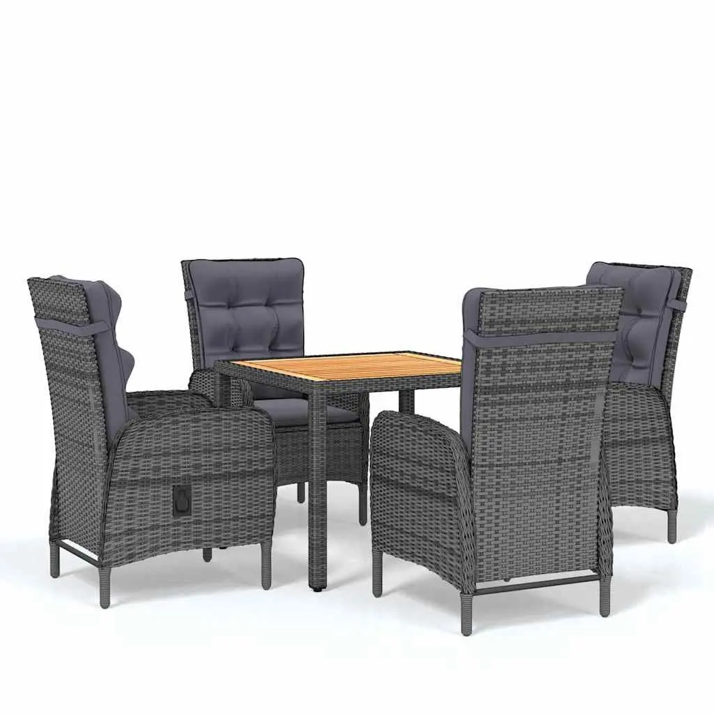5 Piece Garden Dining Set Grey Steel Frame PE Rattan Weather Resistant Acacia Wood Table