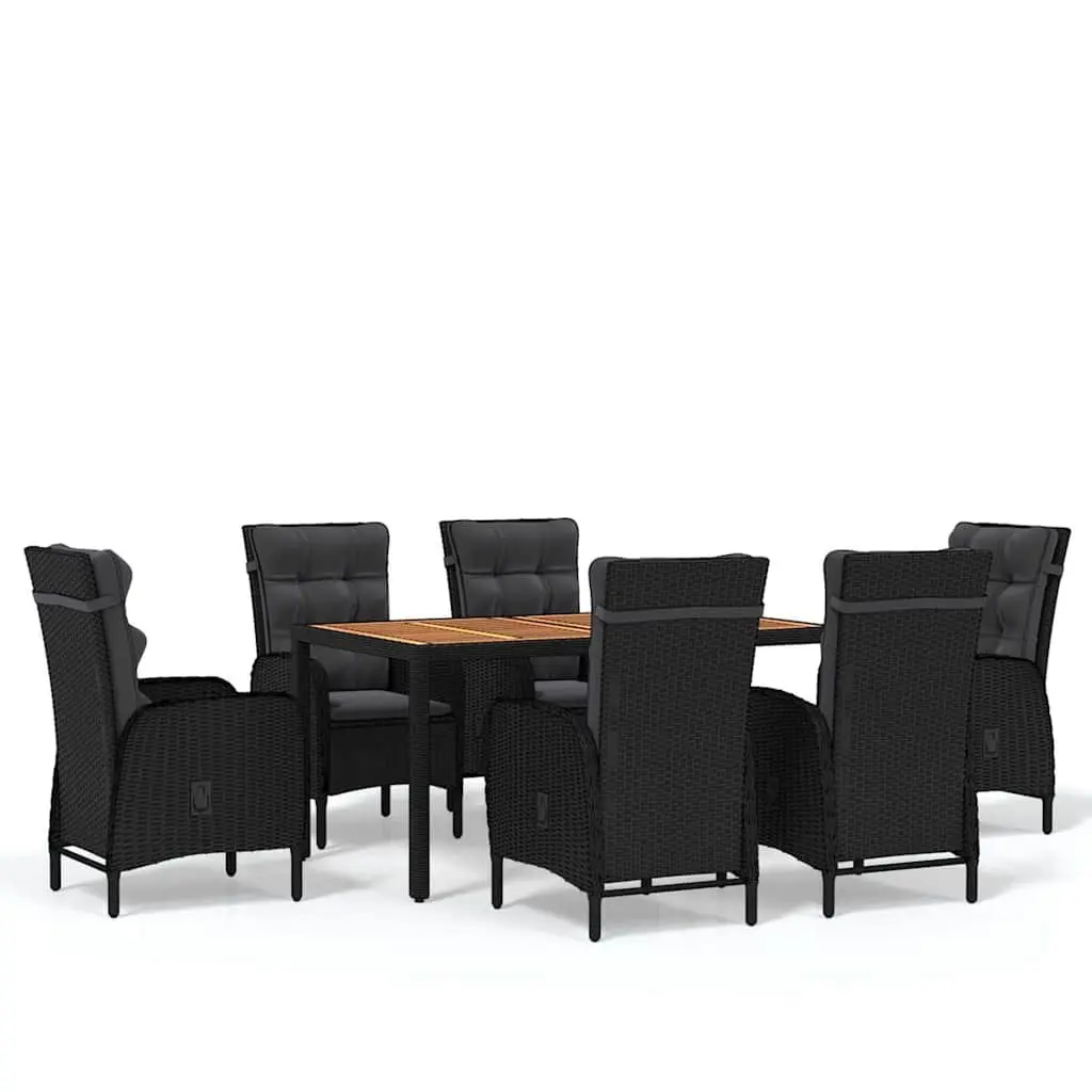 7 Piece Patio Dining Set Outdoor Furniture Black PE Rattan Steel Frame Acacia Wood Table