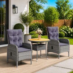 3 Piece Garden Bistro Set Outdoor Patio Furniture Poly Rattan Grey Armchair
