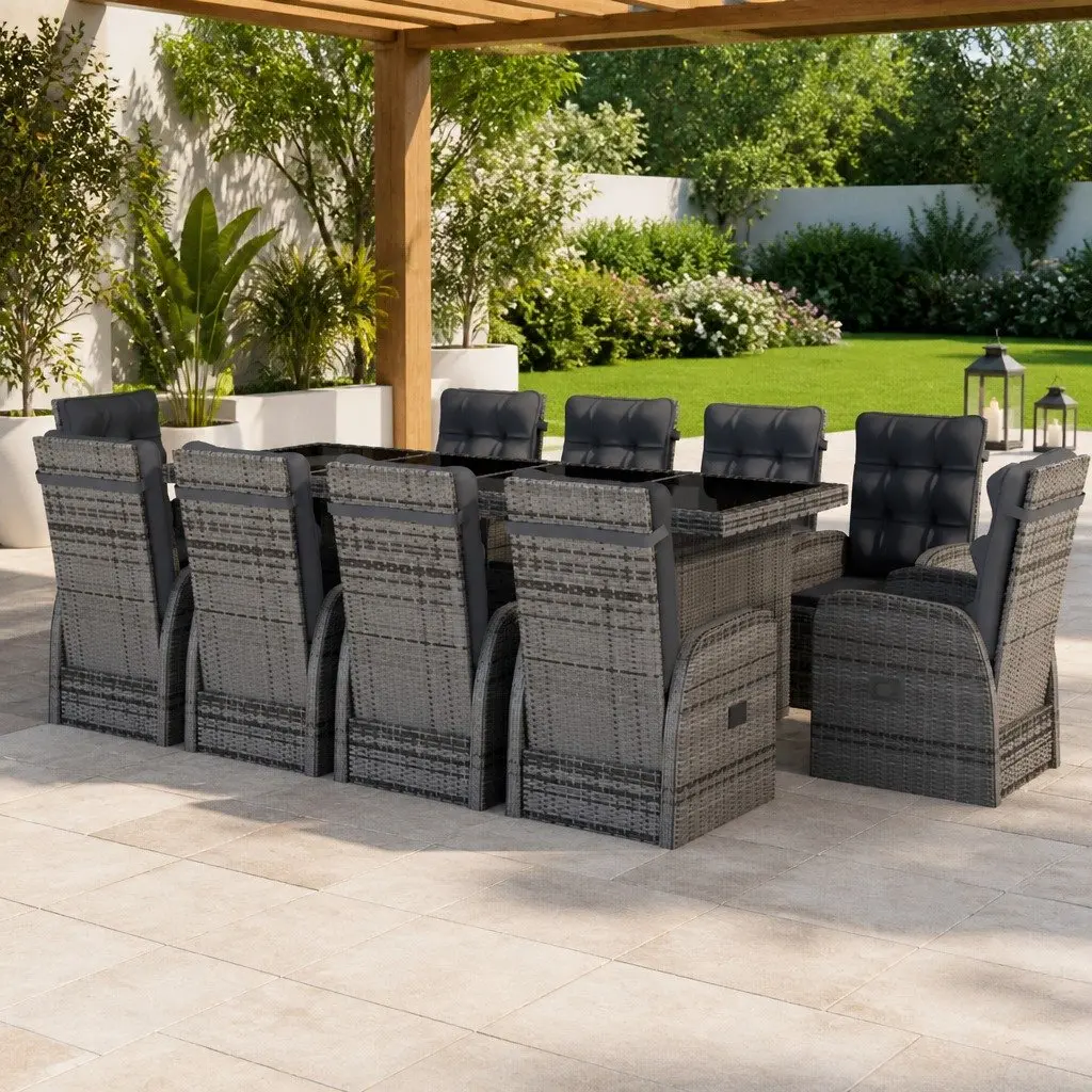 11 Piece Garden Furniture Set Grey Outdoor Dining with Cushions Adjustable Backrest and Integrated Footrests Poly Rattan Steel Frame