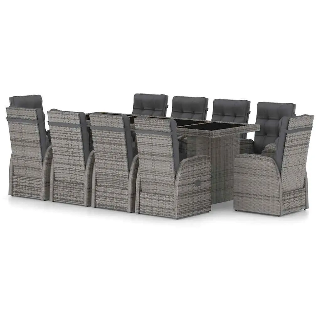 11 Piece Garden Furniture Set Grey Outdoor Dining with Cushions Adjustable Backrest and Integrated Footrests Poly Rattan Steel Frame