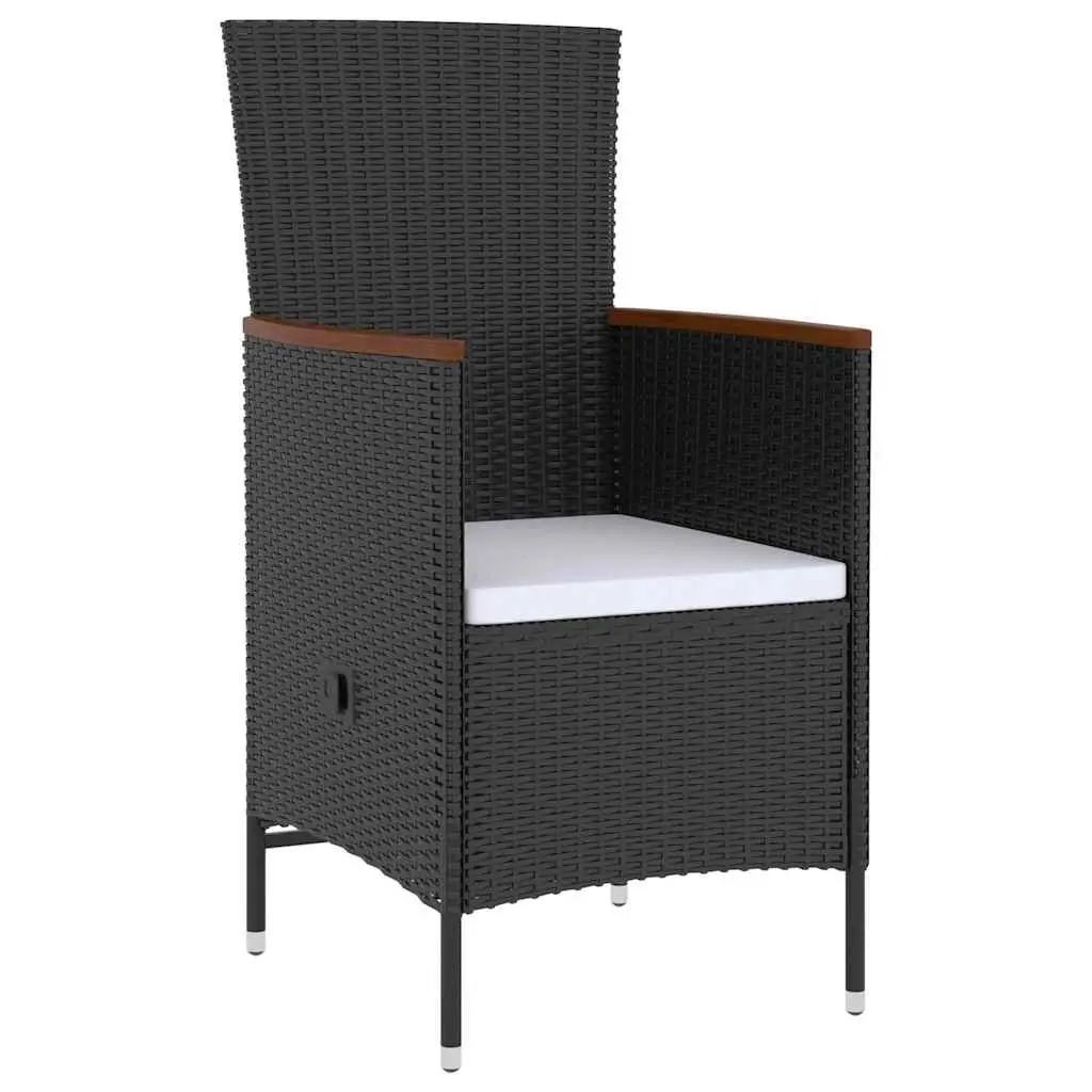 5 Piece Black Rattan Garden Dining Set with Cushions and Acacia Wood Tabletop