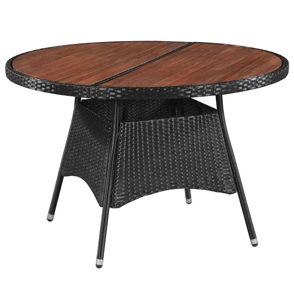 5 Piece Black Rattan Garden Dining Set with Cushions and Acacia Wood Tabletop