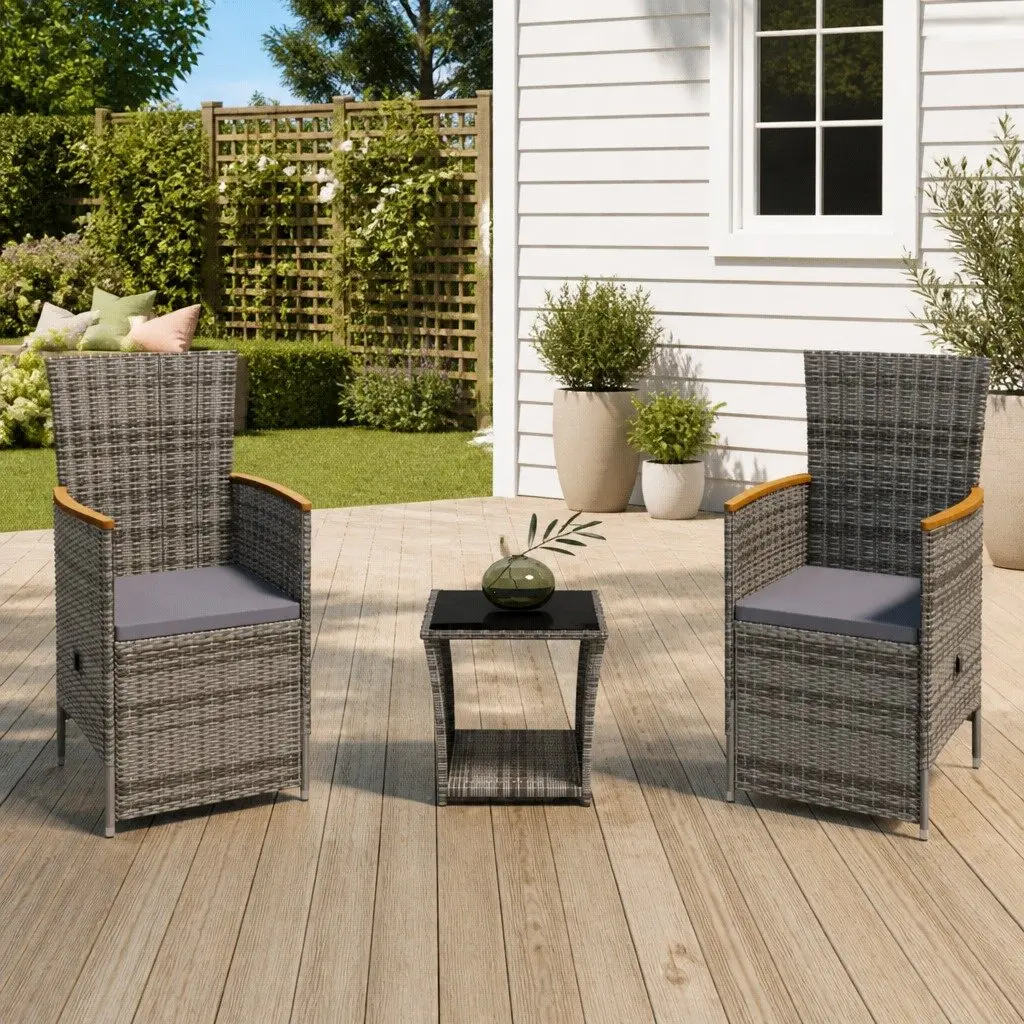 3 Piece Garden Lounge Set Grey Poly Rattan Armchairs with Adjustable Backrest and Coffee Table Outdoor Furniture
