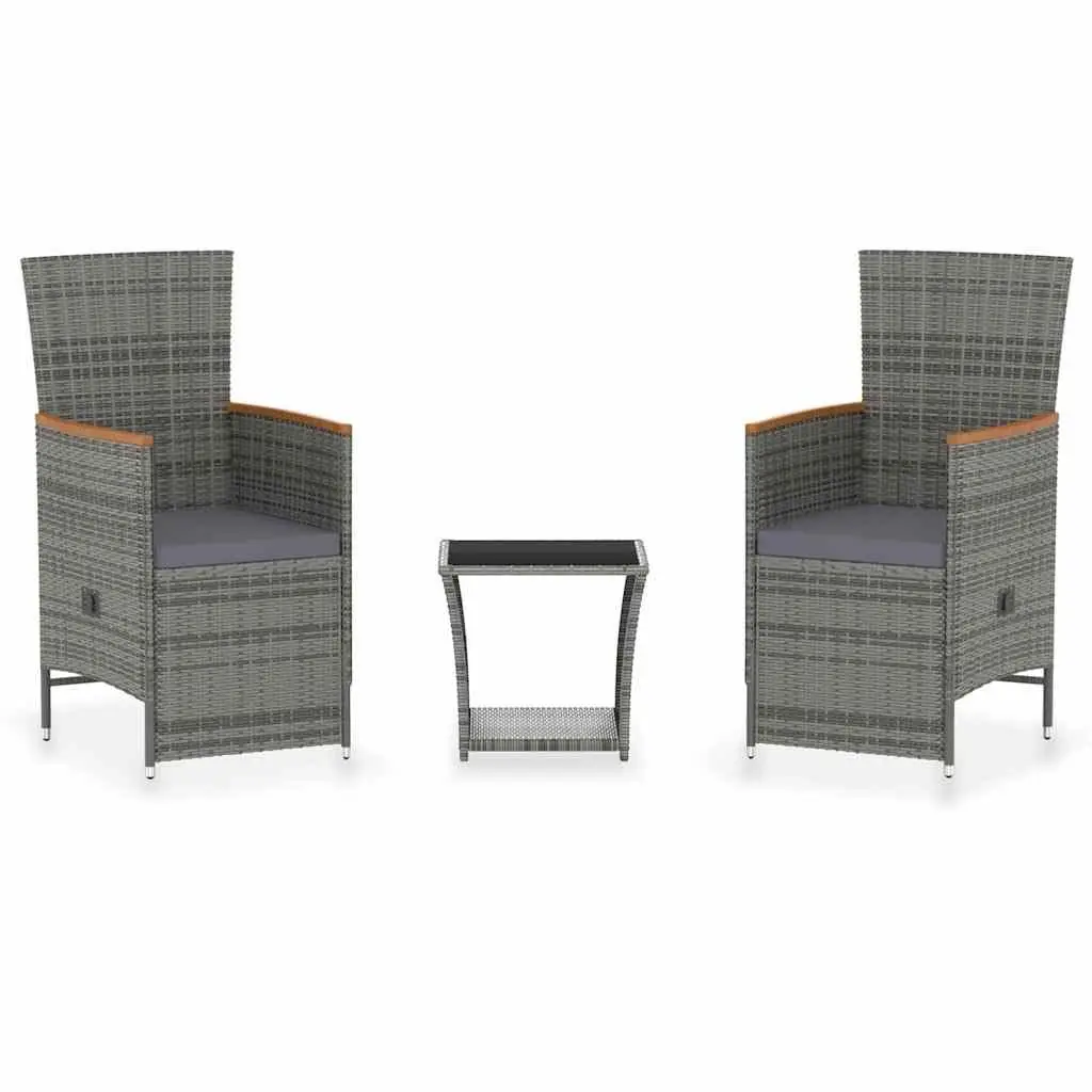 3 Piece Garden Lounge Set Grey Poly Rattan Armchairs with Adjustable Backrest and Coffee Table Outdoor Furniture