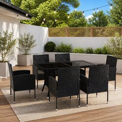 7 Piece Outdoor Garden Dining Set Black Poly Rattan Table Chairs Furniture