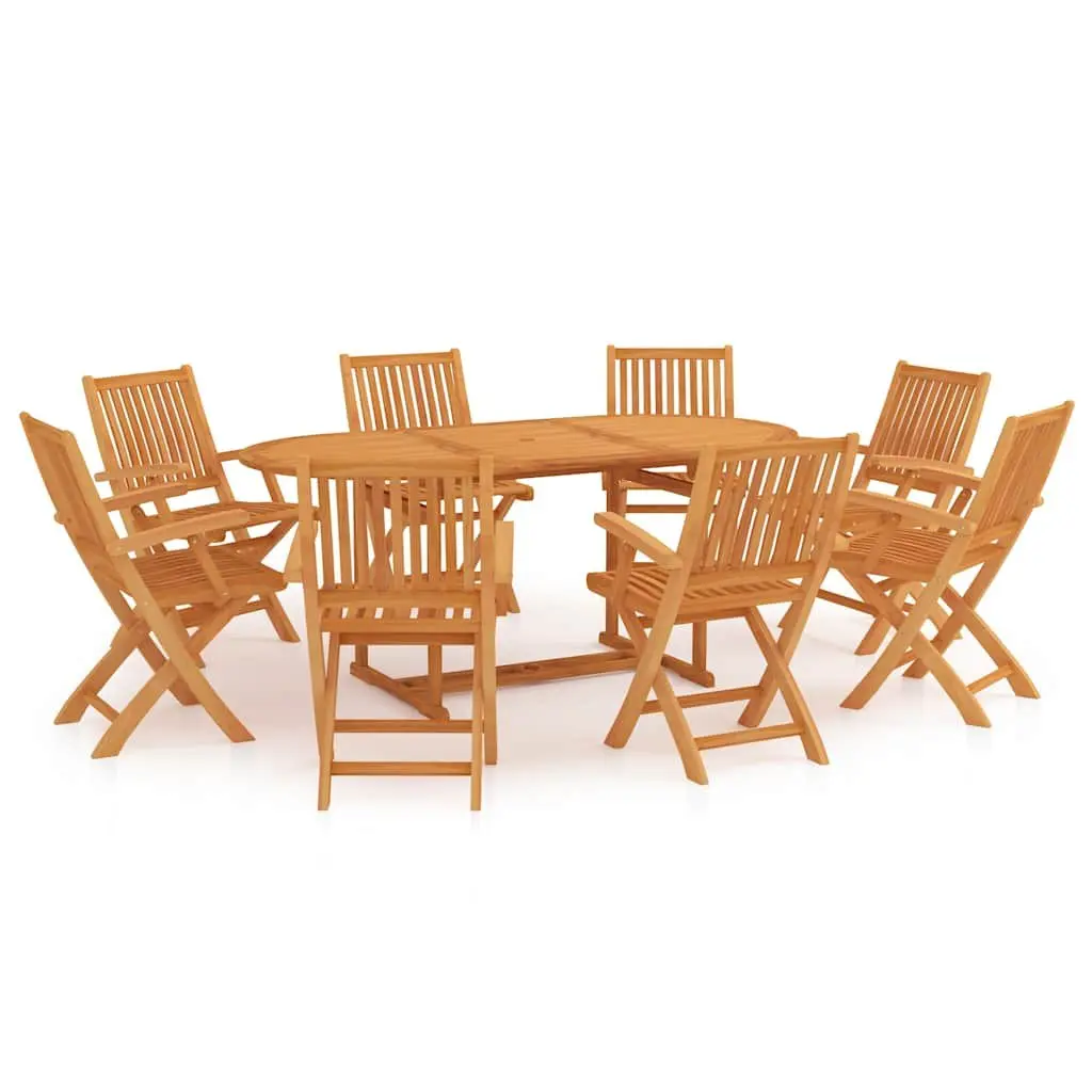 9 Piece Outdoor Dining Set Teak Wood Patio Furniture Table with Umbrella Hole and Foldable Chairs
