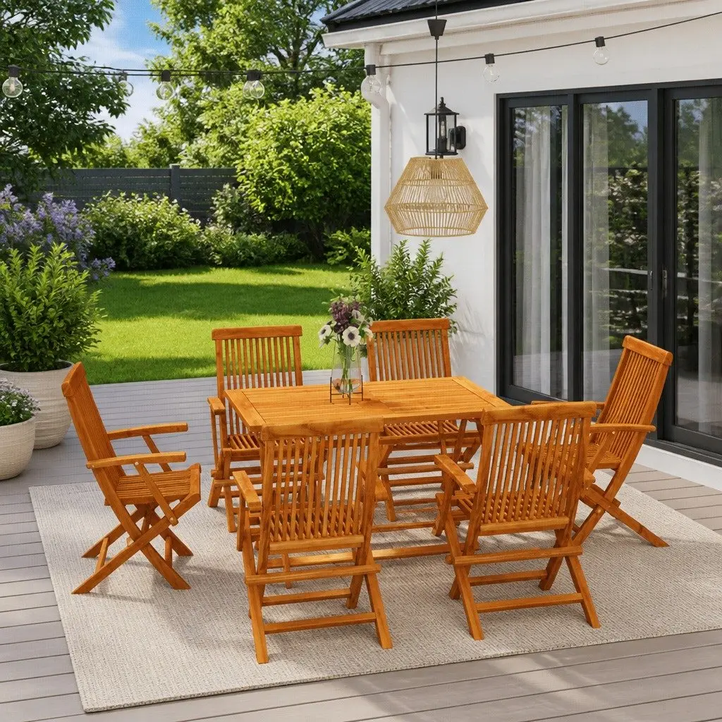 7 Piece Outdoor Dining Set Teak Wood Foldable Furniture Brown