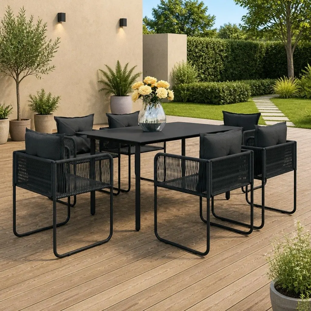 Outdoor Garden Dining Set 7 Piece Black Rattan Chair Table Durable Furniture