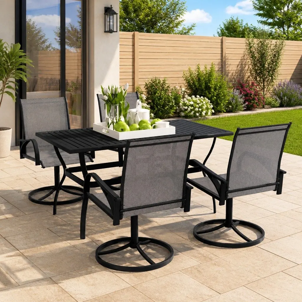 Garden Dining Set 5 Piece Grey Steel Textilene Swivel Chairs Outdoor Furniture