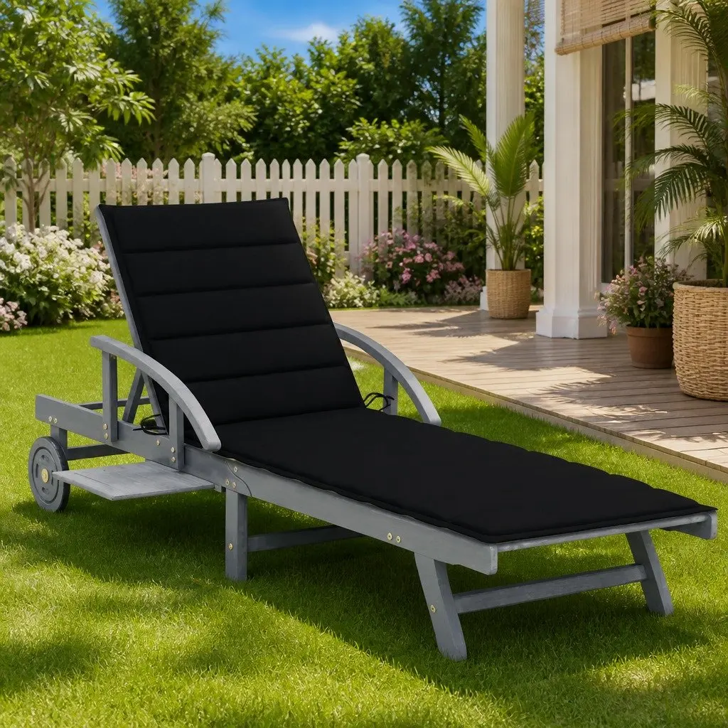 Wooden Sun Lounger Grey Adjustable Backrest with Pull Out Table and Wheels for Outdoor Relaxation