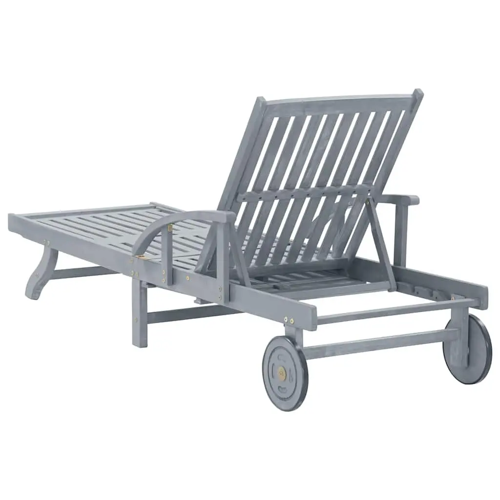 Wooden Sun Lounger Grey Adjustable Backrest with Pull Out Table and Wheels for Outdoor Relaxation