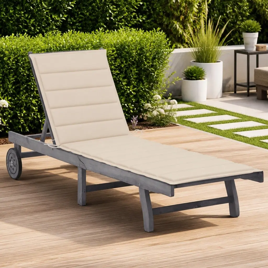 Adjustable Sun Lounger Garden Outdoor Chair Grey Cushion Solid Acacia Wood