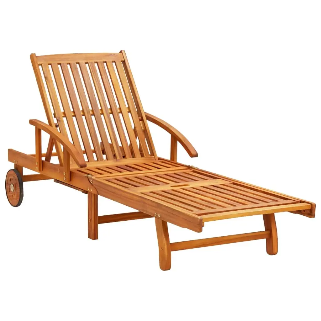 Sun Lounger Adjustable Backrest Solid Acacia Wood with Wheels and Pull-Out Table
