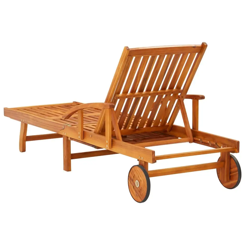 Sun Lounger Adjustable Backrest Solid Acacia Wood with Wheels and Pull-Out Table